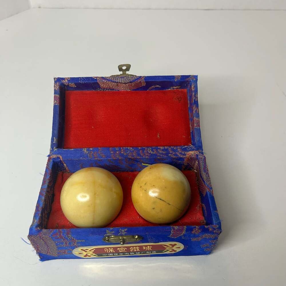 Vintage Chinese Marble Stone Cream Baoding Stress Balls in Red Lined Brocade Box